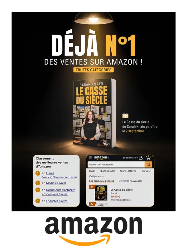 Visuel : « Déjà nº 1 des ventes sur Amazon, toutes catégories », le livre sous un plafonnier, avec la capture du classement d’Amazon.fr où il est premier en Livres, Médias, Documents d’actualité économique et Enquêtes.