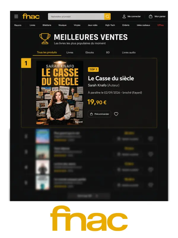 Capture de Fnac.com, page « Meilleures ventes » : Le Casse du siècle en première place, à paraître le 2 septembre 2026, 19,90 euros.