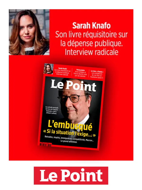 Une du Point du 27 août 2026, « L’embusqué », sur un aplat rouge portant le portrait de Sarah Knafo et la mention « son livre réquisitoire sur la dépense publique, interview radicale ».